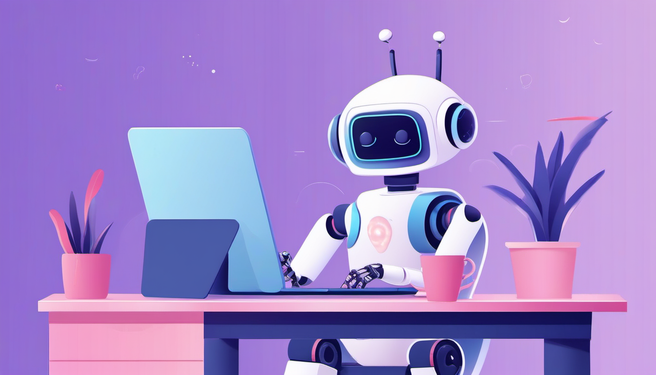 A cute modern cartoon robot working at a laptop