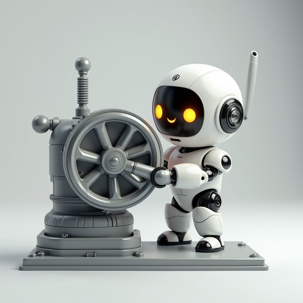 A small glossy white robot with glowing orange eyes turning a hand-crank wheel on a mechanical machine