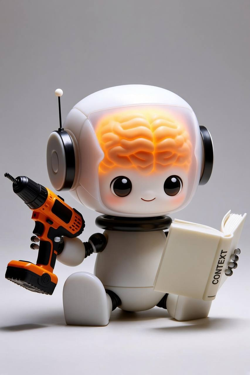 A small glossy white robot sitting down, its head partly transparent to reveal a large glowing orange brain inside, cute cartoon eyes and a smile below it, holding an open book titled "Context" in one hand and a cordless drill raised in the other