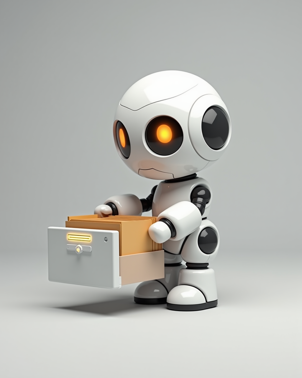 A cute white and light-gray glossy plastic robot with glowing orange eyes reaching into an open filing cabinet drawer, pulling out a manila folder