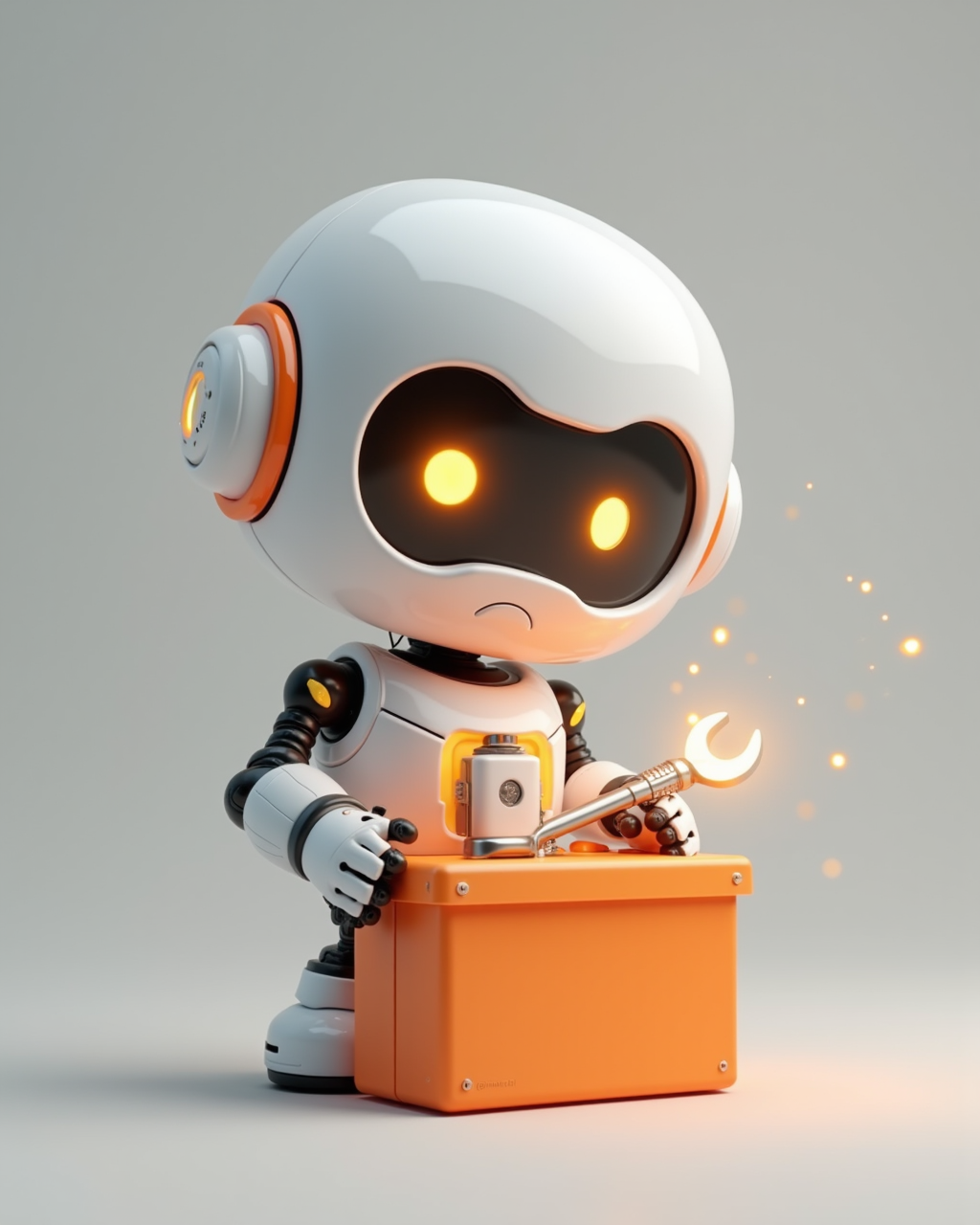 A cute white and light-gray glossy plastic robot with glowing orange eyes reaching into an open orange toolbox and grabbing a glowing wrench, small sparks of light around it