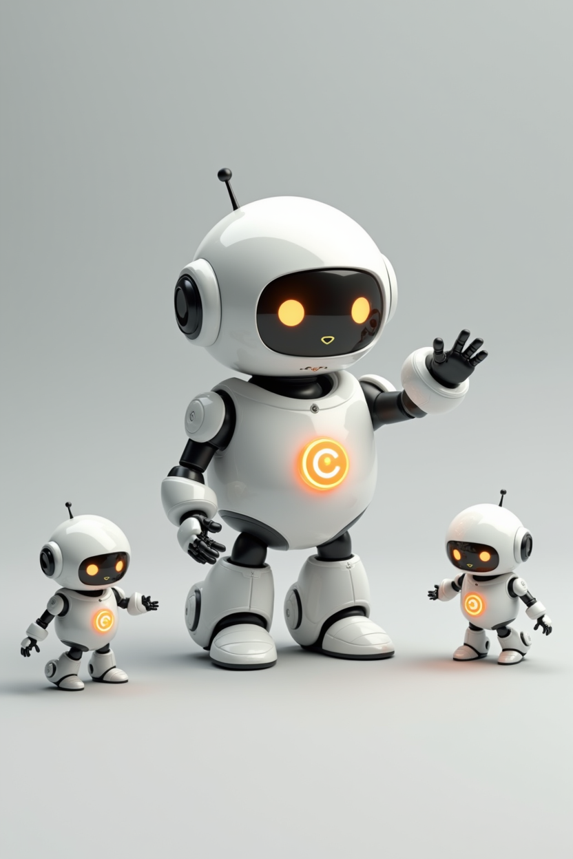 A central white robot directing two smaller robot helpers, who are already walking off in different directions carrying glowing task orbs