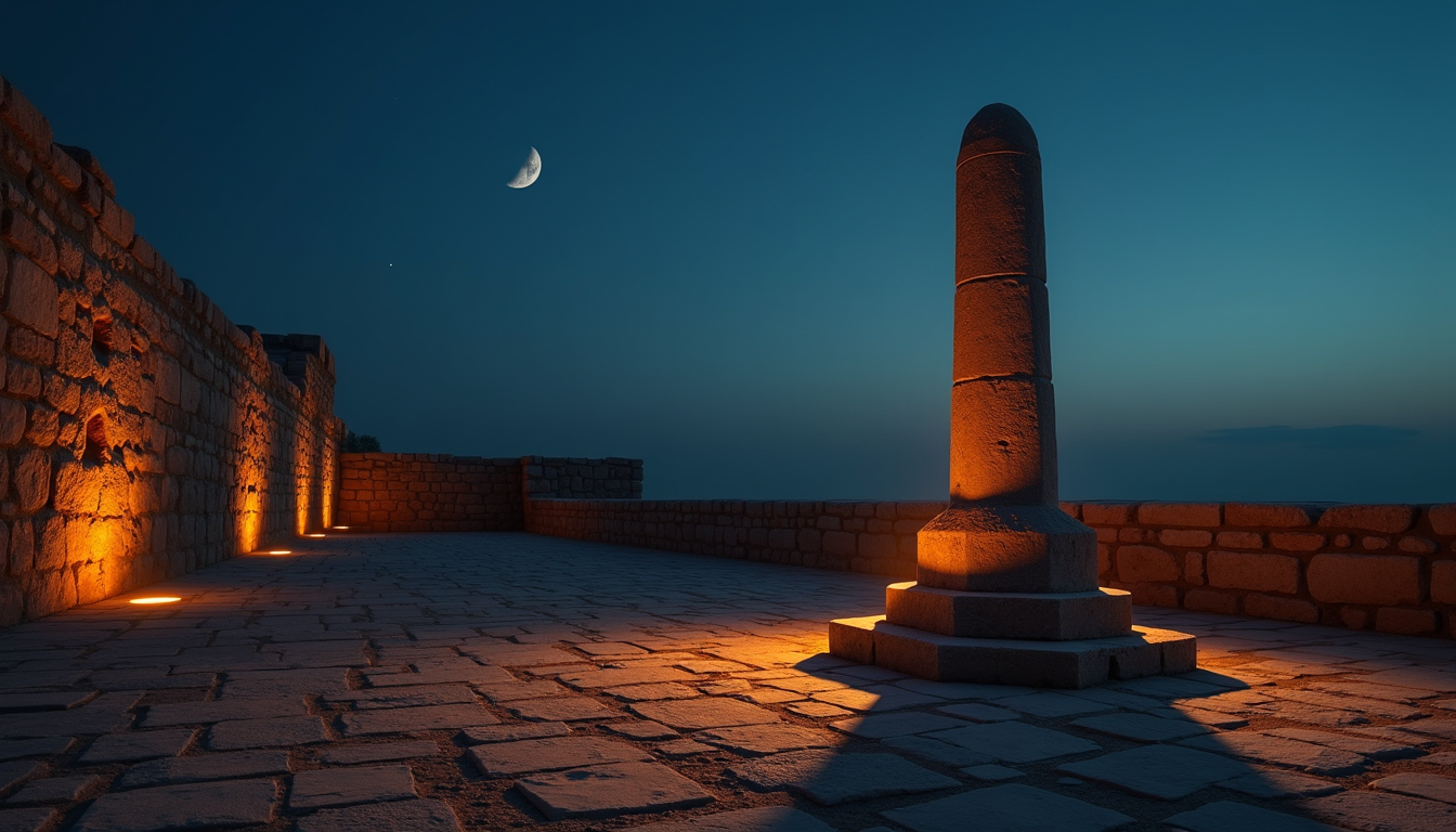 A weathered ancient stone pillar in a courtyard at dusk, casting a long shadow with a thin crescent moon glowing in the twilight sky above