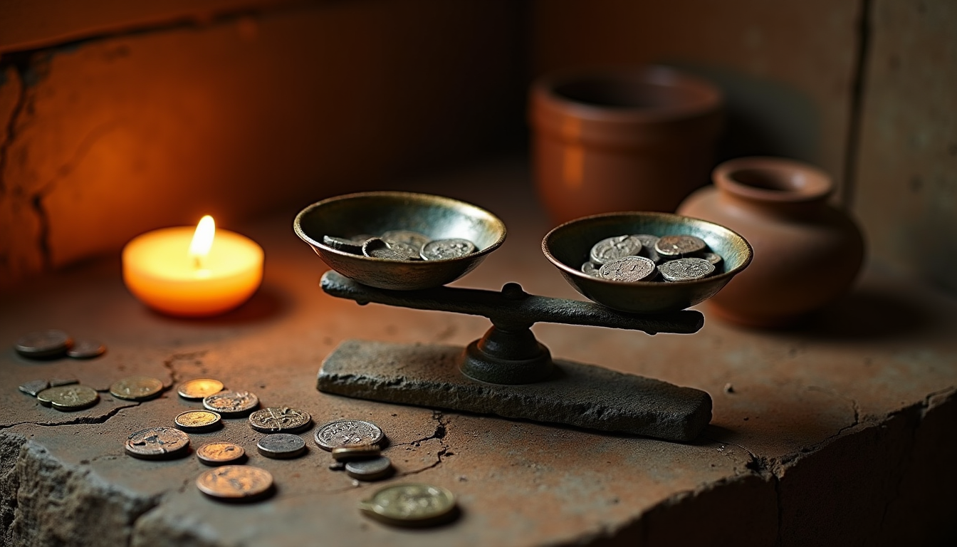 An ancient bronze balance scale weighing worn silver coins against small stone weights by candlelight, with clay jars and scattered coins on a weathered stone table